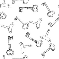Uncolored vector seamless pattern with vintage keys.