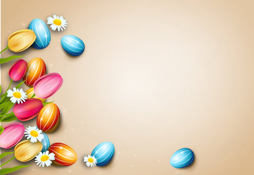 Easter background with easter eggs and tulips