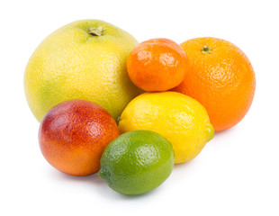 Isolated citrus fruits. Grapefruit, orange, lemon, lime  and tangerine isolated on white