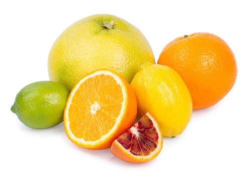Isolated citrus fruits. Grapefruit, orange, lemon and lime isola