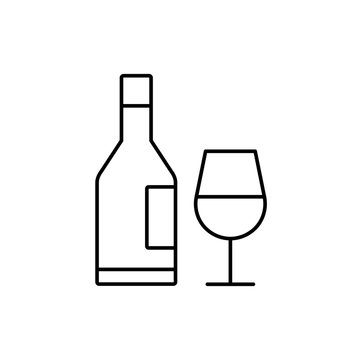 alcohol bottle with glass line vector icon on white background
