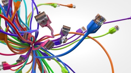 swarming internet cables. conceptual 3d illustration of ethernet cable and rj-45 plug.