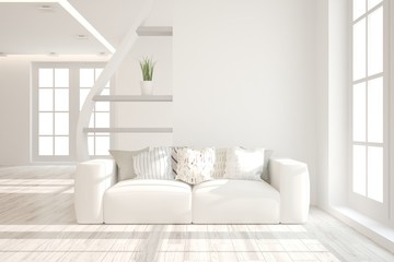 Idea of white minimalist room with sofa. Scandinavian interior design. 3D illustration