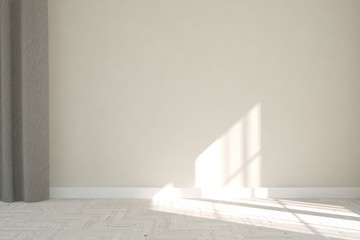 White empty room with winter landscape in window. Scandinavian interior design. 3D illustration