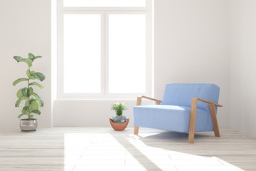 Inspiration of white minimalist room with armchair. Scandinavian interior design. 3D illustration