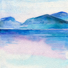 Ocean landscape, Sea side, Beach. Beautiful watercolor hand painting illustration