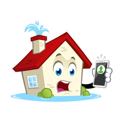Funny house character with water leaks, cartoon style