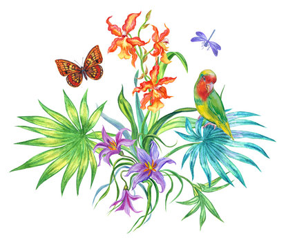 Composition from tropical plants with parrot and butterfly, watercolor pattern on a white background.