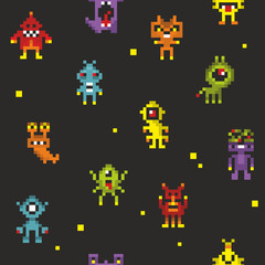 Seamless pattern with cute robots in retro style.