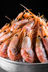 cooked Shrimps in a metal bucket on a dark background