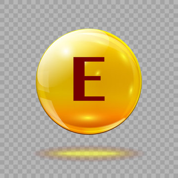 Gold pill capsule or gold drop with vitamin E on a transparent background. Medical or medical template.