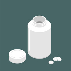 Plastic jar open lid for tablets and pills. Container for medicines. Medical Pharmaceutical Illustration