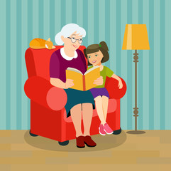 Grandmother is reading a book to her granddaughter. Grandmother and granddaughter are sitting in a chair. Vector flat style illustration.