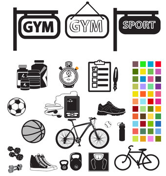 gym sport set design elements color style icons fonts