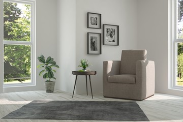 Idea of white room with armchair and summer landscape in window. Scandinavian interior design. 3D illustration