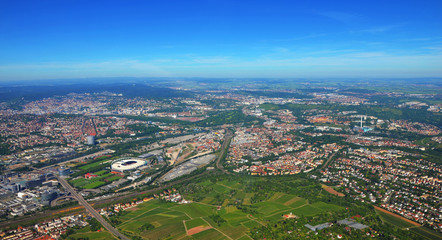 Stuttgart - June 11, 2017: Closer Aerial view of Stuttgart area and soccer stadium, south germany...