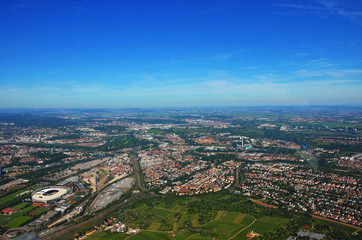 Stuttgart - June 11, 2017: Closer Aerial view of Stuttgart area and soccer stadium, south germany on a sunny summer day