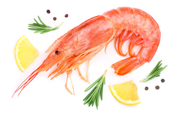 Red cooked prawn or shrimp with rosemary and lemon isolated on white background. Top view. Flat lay