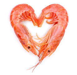 Red cooked prawn or shrimp isolated on white background. Top view