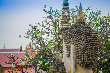Close up of selective focus of the head of ancient Buddha Statue at WAT YAI CHAI MONGKOL, The Historic City of Ayutthaya, Thailand, in a blurred background