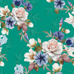 Materiał do szycia Floral seamless pattern with petunias, hellebore,roses and irises