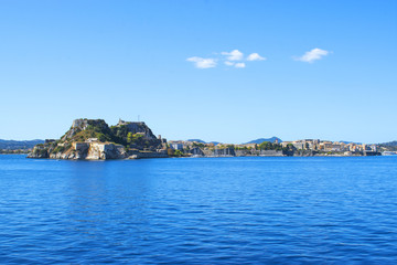 Fototapeta na wymiar Corfu island panorama. Kerkyra town view from water