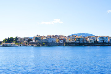 Naklejka na ściany i meble Corfu island panorama. Kerkyra town view from water