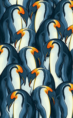 Vector illustration, pattern with set of Imperial penguins, mutual aid and cooperation, family, background image