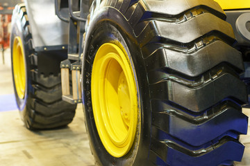 Close up of tractor tire, selective focus.