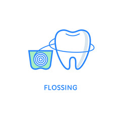 Teeth flossing symbol. Dental icons. Tooth with dental floss isolated on white. Teeth care and hygiene label. Flat line style logotype. Everyday good habit. Stomatology emblem.