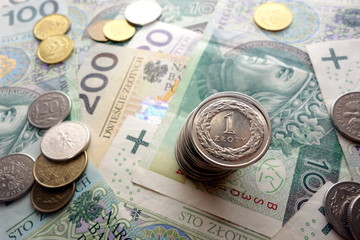 Polish zloty paper money and coins