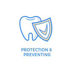 Dental icon. Tooth with a shield and a check mark isolated on white. Teeth protection and preventing label. Dental care and hygiene symbol logotype. Flat line style logo. Stomatology logo.