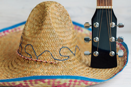 Sombrero hat and guitar. Mexican background. Happy Cinco de Mayo, 5th May