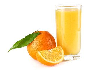 orange juice with orange slices and green leaf isolated on white background. juice in glass