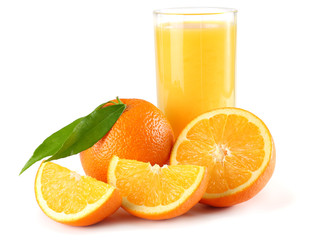 orange juice with orange slices and green leaf isolated on white background. juice in glass