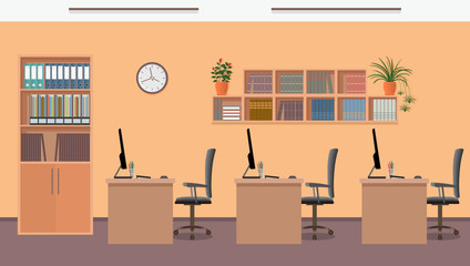 Office interior design with three workplaces and office furniture like tables, laptops, armchairs. Workspace template.