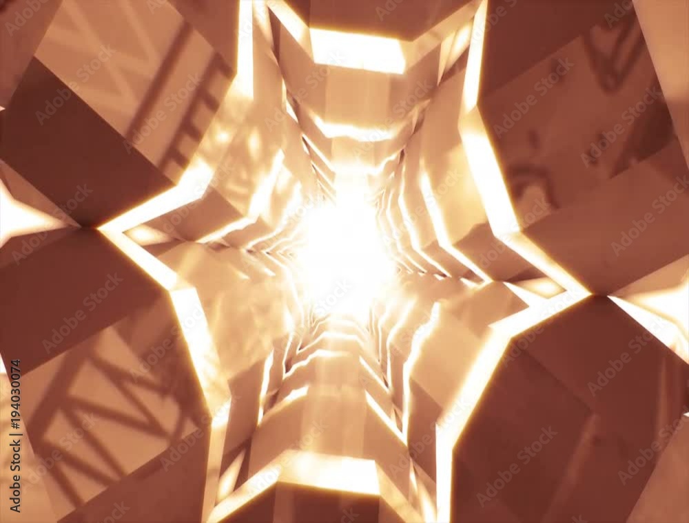 Poster abstract technology tunnel. gold metal concstruciton sharp corners with reflections the camera rotat