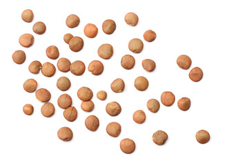 Pile lentil isolated on white background. Top view.