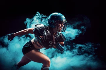 Foto op Canvas Sexual sportive woman running with rugby ball and screaming aggressively in white smoke. © zamuruev