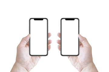 Modern smartphone devices in men's hands on isolated background