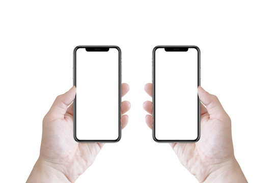 Modern smartphone devices in men's hands on isolated background