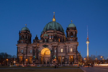 Berlin Cathedral (Berliner Dom) at famous Museumsinsel (Museum Island) with Spree river in beautiful twilight time, Berlin, Germany