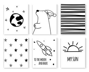 Set of scandinavian design patterns,vector art graphic.Black white cards in simple north style with cute hand drawn backdrops illustrations-cartoon bear character,stars,Earth,space rocket,rising sun