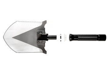 Multifunctional shovel with saw in disassembled form. Object is isolated on a white background.