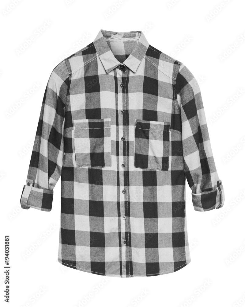 Sticker Black and white checkered shirt with collar and buttons isolated on white