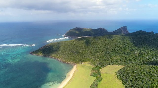 Aerial view of Old Settlement Beach location on Lord Howe Island (World Heritage-listed paradise) - New South Wales - Tasman Sea - Australia from above, 4k UHD