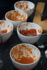 Bowls with Red Tomato Sauce in White Ceramic Bowls at the Restaurant Kitchen, Barbecue Sauce, Sweet and sour Chinese sauce. Top view