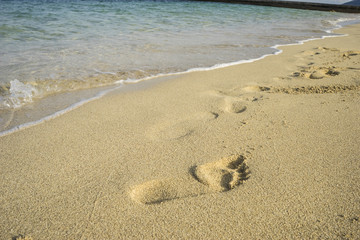 Mediterranean scene, shore of the Mediterranean Sea with barefoot footprints of people in summer