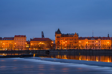 View of night old town of Prague and with reflection in Vltava River