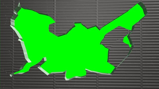 Parete in metallo va in frantumi su sfondo chroma key